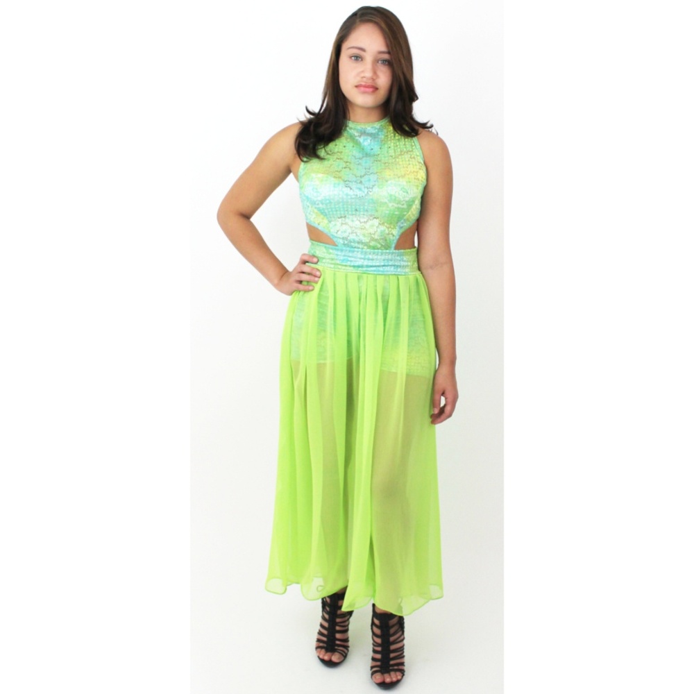 NEON GREEN MAXI PARTY CJJBOUTIQUE DRESS MADE USA - Picture 2 of 6